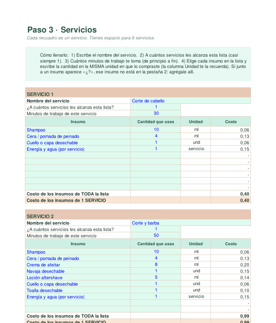 Adelanto parcial de la hoja de servicios de la plantilla, con un recuadro por servicio